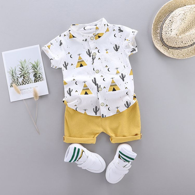 2pcs Toddler Boy Casual Pyramid Cactus Print Shirt and Shorts Set Yellow