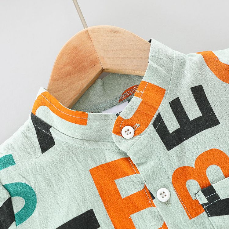 100% Cotton 2pcs Baby Boy All Over Letter Print Short-sleeve Shirt and Solid Shorts Set Turquoise