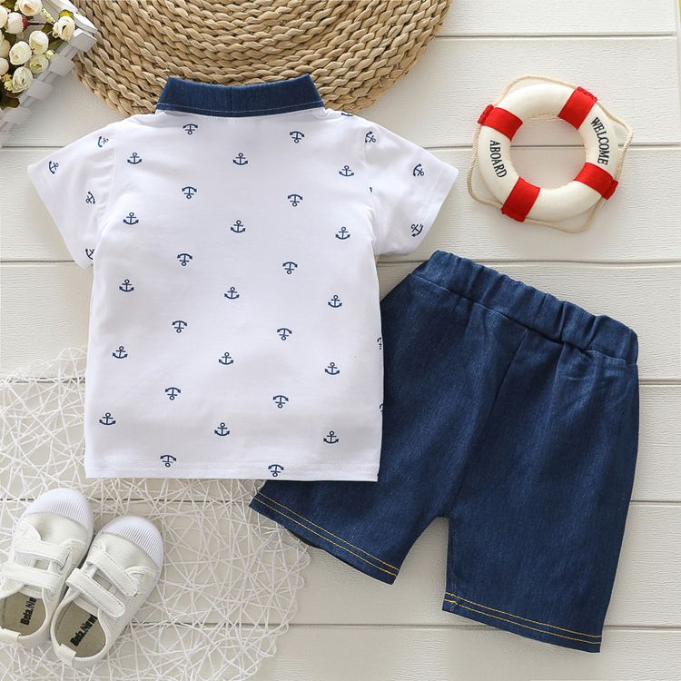 2pcs Toddler Boy Playful Anchor Print Denim Shorts and Polo Shirt Set White