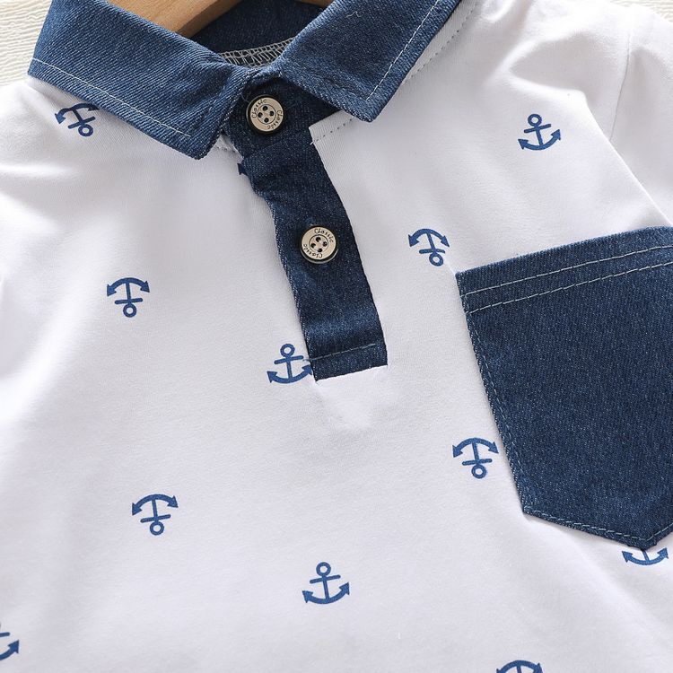 2pcs Toddler Boy Playful Anchor Print Denim Shorts and Polo Shirt Set White