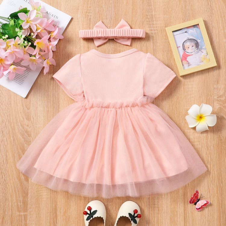 2pcs Baby Girl Football and Letter Print Pink Ribbed Short-sleeve Splicing  Mesh Dress with Headband Set Only $12.99 Patpat US Mobile