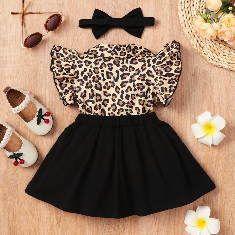 2pcs Baby Girl Leopard Ruffle-sleeve Faux-two Suspender Dress with Headband Set Black