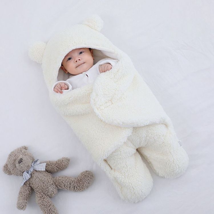 Baby Blanket Swaddle Wrap Winter Cotton Plush Hooded Sleeping Bag for 0-2 Months White