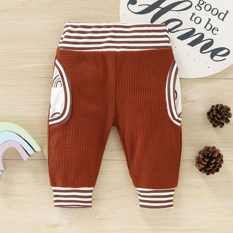 3pcs Baby Boy/Girl Rainbow Print Brown Striped Waffle Top and Trousers Set Brown