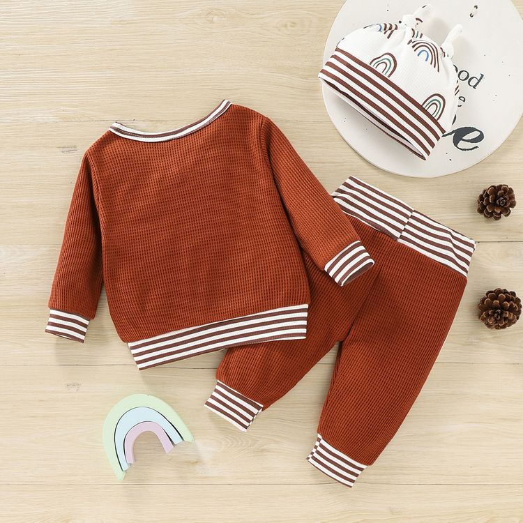 3pcs Baby Boy/Girl Rainbow Print Brown Striped Waffle Top and Trousers Set Brown
