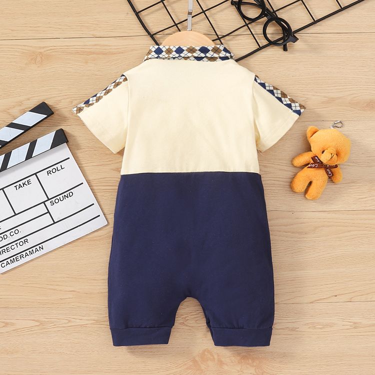 Baby Boy 95% Cotton Short-sleeve Argyle Pattern Collar Cartoon Bear & Letter Print Colorblock Romper Khaki