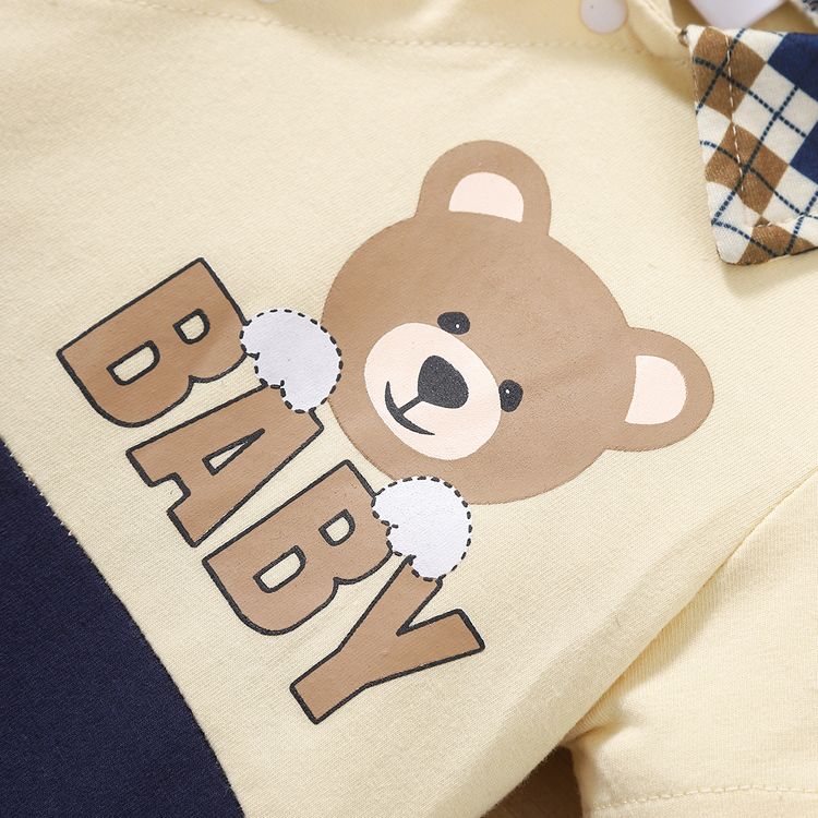 Baby Boy 95% Cotton Short-sleeve Argyle Pattern Collar Cartoon Bear & Letter Print Colorblock Romper Khaki