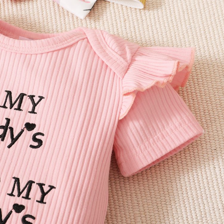 3pcs Baby Girl 95% Cotton Ribbed Ruffle Short-sleeve Letter Embroidery Romper and Floral Print Layered Shorts with Headband Set Pink