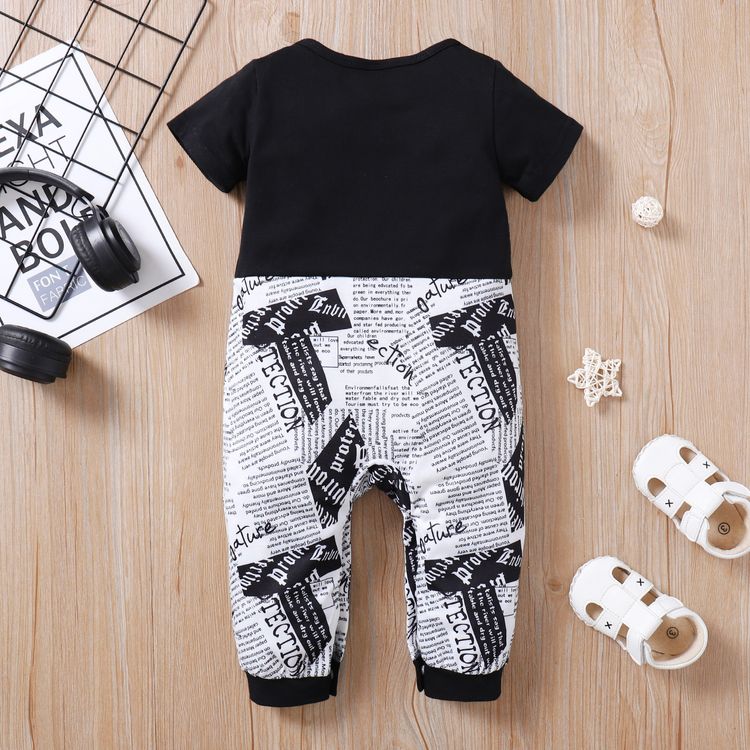 Baby Boy Headphones & Newspaper Print Splice Short-sleeve Jumpsuit Black