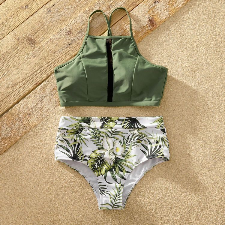 Leaf and Floral Print Splicing Family Matching Matching Swimsuits Light Green