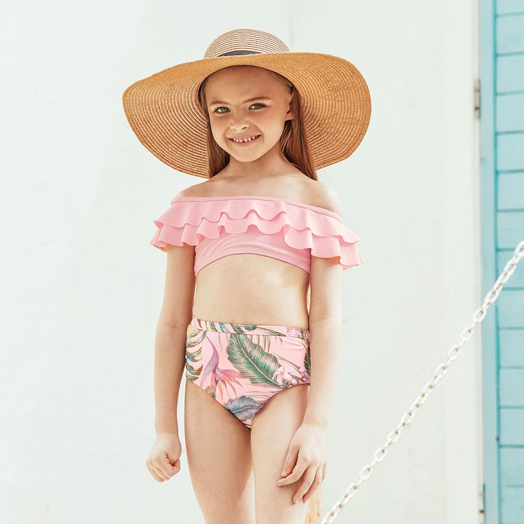 Summer Flounce Plant Print Matching Family Swimsuits Pink