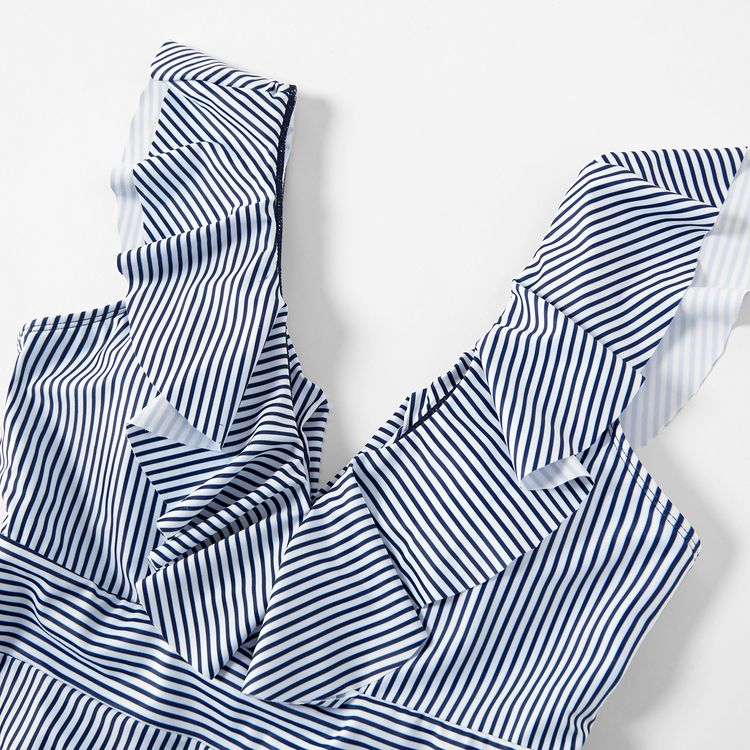 V-neck Flounce Striped Print Matching Swimsuits Dark Blue/white