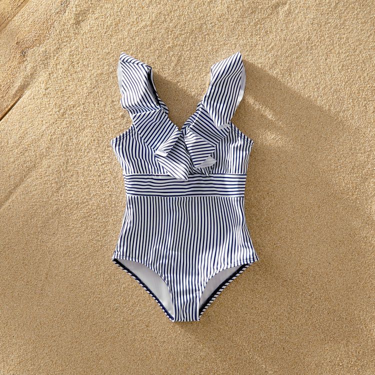 V-neck Flounce Striped Print Matching Swimsuits Dark Blue/white