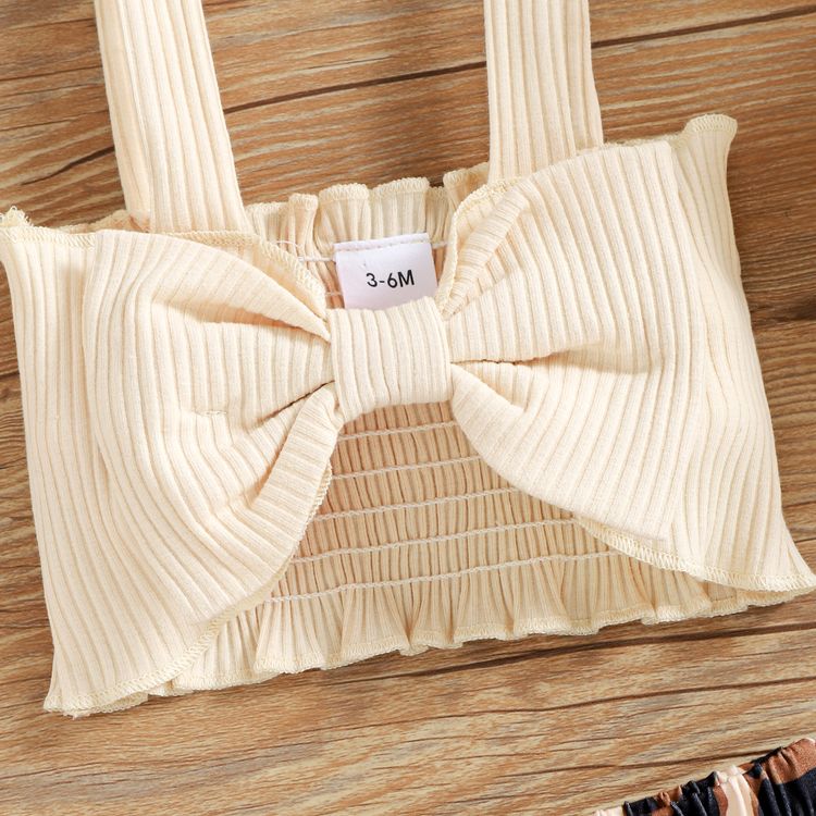 3pcs Baby Girl 95% Cotton Ribbed Shirred Bowknot Sleeveless Crop Top and Leopard Bell Bottom Pants with Headband Set Beige