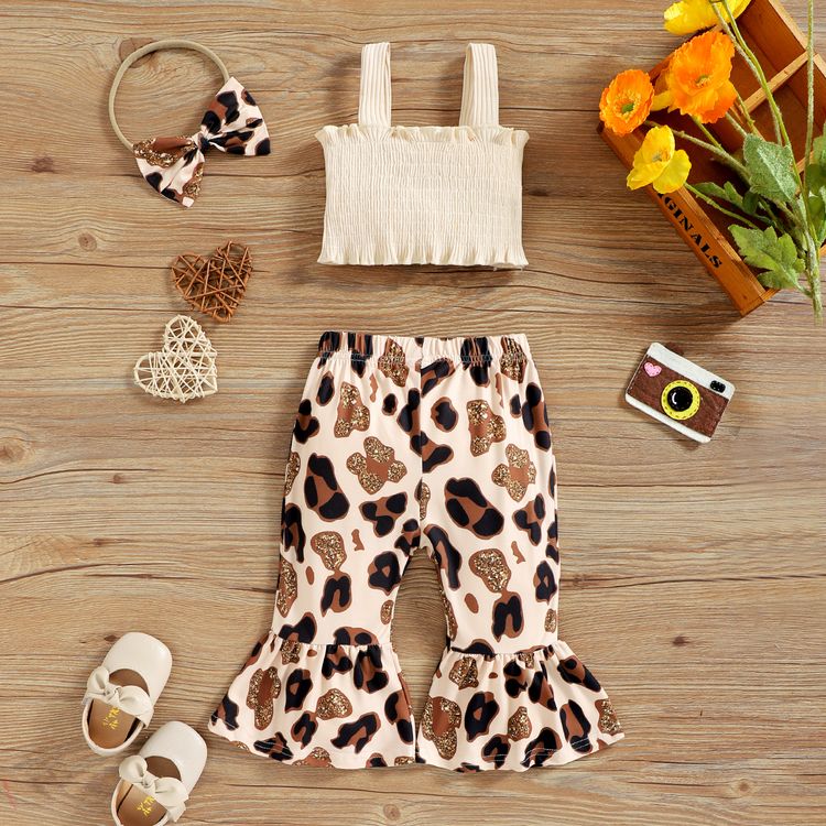 3pcs Baby Girl 95% Cotton Ribbed Shirred Bowknot Sleeveless Crop Top and Leopard Bell Bottom Pants with Headband Set Beige