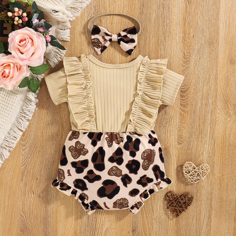 2pcs Baby Girl 95% Cotton Ribbed Ruffle Short-sleeve Splicing Leopard Romper with Headband Set Apricot