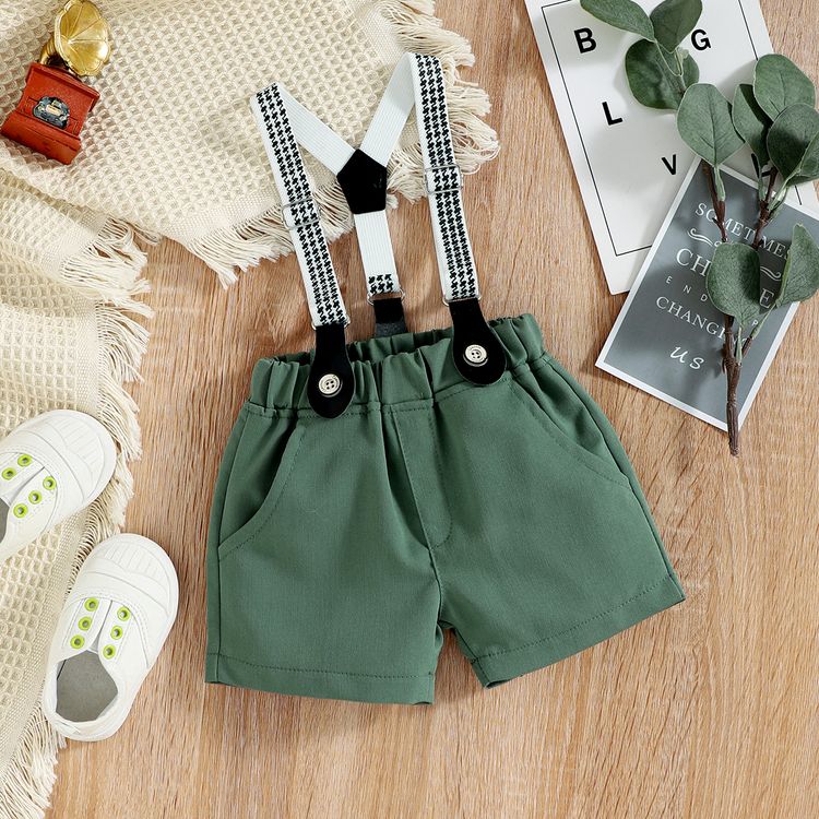 Baby Boy Short-sleeve Party Outfit Gentle Bow Tie Shirt and Suspender Shorts Set White