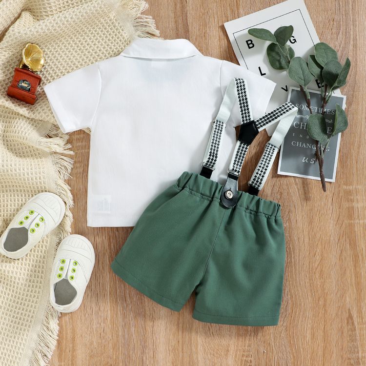 Baby Boy Short-sleeve Party Outfit Gentle Bow Tie Shirt and Suspender Shorts Set White