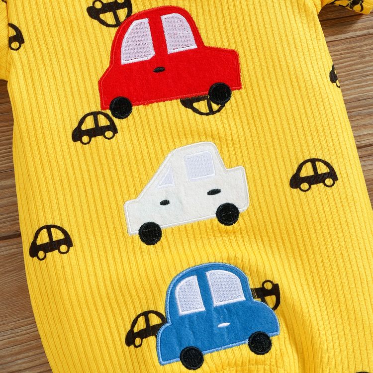 Baby Boy/Girl Allover Cartoon Vehicle Embroidered Ribbed Short-sleeve Romper Yellow