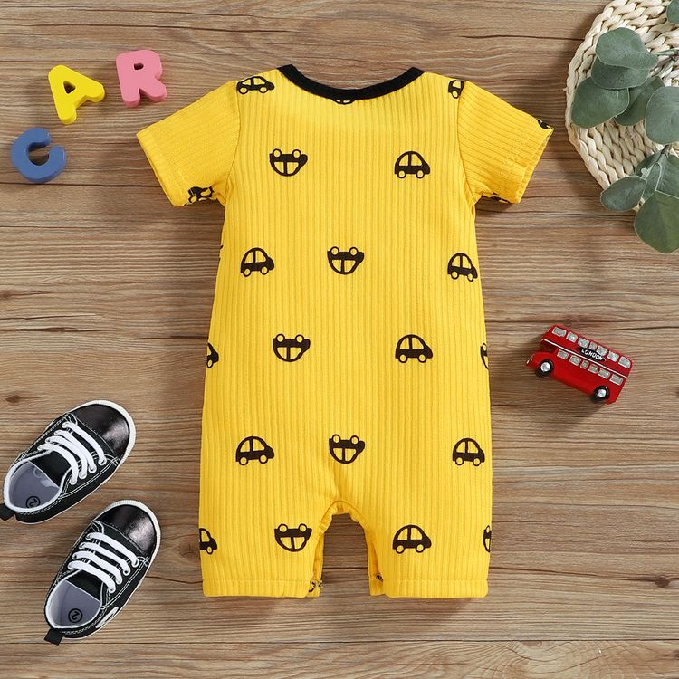 Baby Boy/Girl Allover Cartoon Vehicle Embroidered Ribbed Short-sleeve Romper Yellow