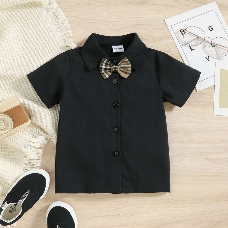 2pcs Toddler Boy Gentleman Suit, Bow tie Design Lapel Collar Shirt and Plaid Suspender Shorts Set Black