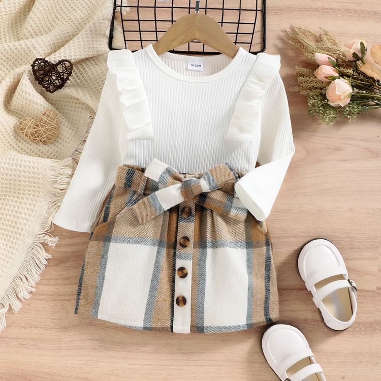 2pcs Toddler Girl Trendy Ruffled Ribbed Long-sleeve Tee and Plaid Button Design Skirt Set White