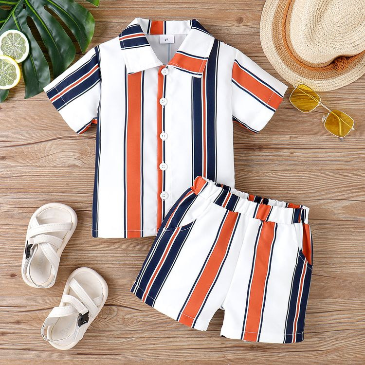 2pcs Toddler Boy Boho Stripe Lapel Collar Shirt and Shorts Set White