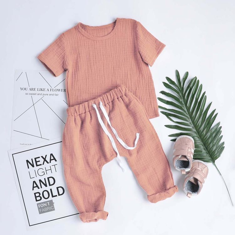 Crepe 2pcs Solid Short-sleeve Baby Set Pink