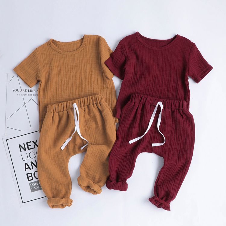 Crepe 2pcs Solid Short-sleeve Baby Set Pink