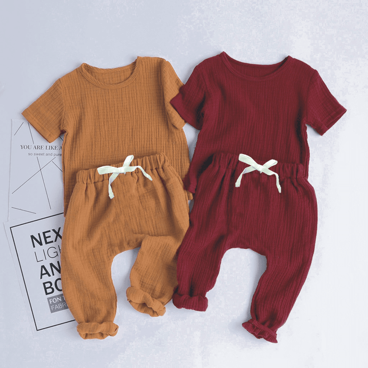 Crepe 2pcs Solid Short-sleeve Baby Set Pink