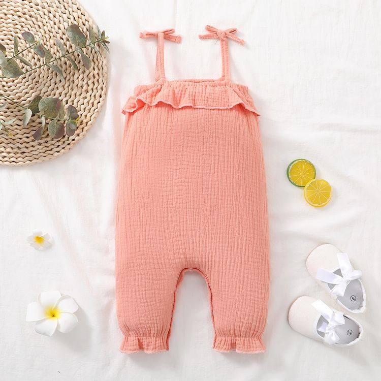 Baby Girl Rainbow Embroidered Pink Crepe Sleeveless Spaghetti Strap Jumpsuit Pink