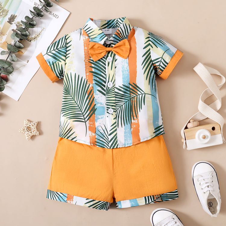 2pcs Baby Boy Tropical Plant Print Short-sleeve Bow Tie Shirt and Shorts Set Ginger