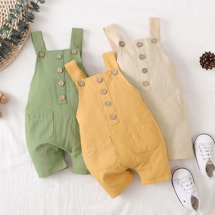 Baby Boy Button Design Solid Sleeveless Overalls with Pockets Pale Green