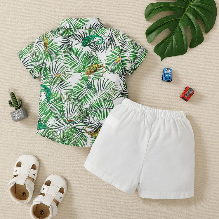 2pcs Baby Boy All Over Palm Leaf Print Short-sleeve Button Up Shirt and Solid Shorts Set Green