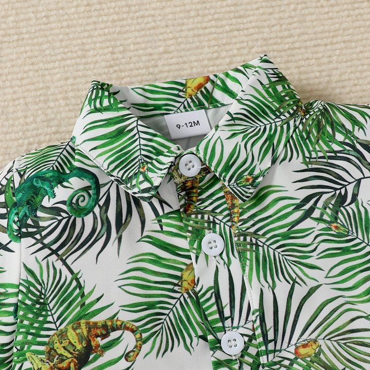 2pcs Baby Boy All Over Palm Leaf Print Short-sleeve Button Up Shirt and Solid Shorts Set Green