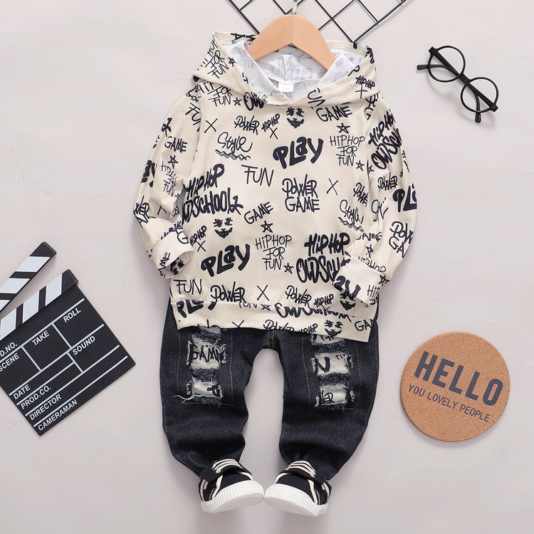 2pcs Baby Boy 95% Cotton Denim Ripped Jeans and All Over Graffiti Letter Print Long-sleeve Hoodie Set Color block