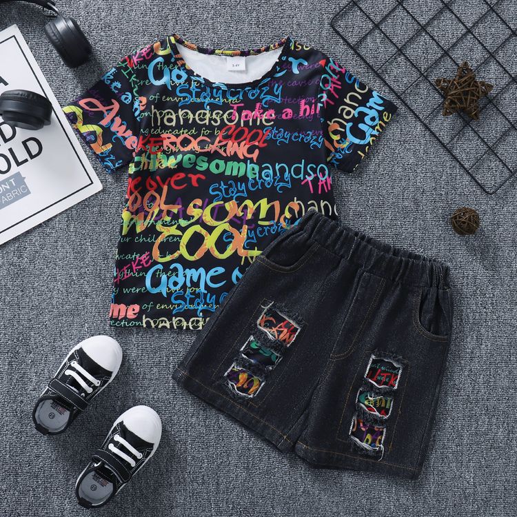 2pcs Toddler Boy Trendy Patchwork Ripped Denim Shorts and Letter Print Shorts Set Multi-color