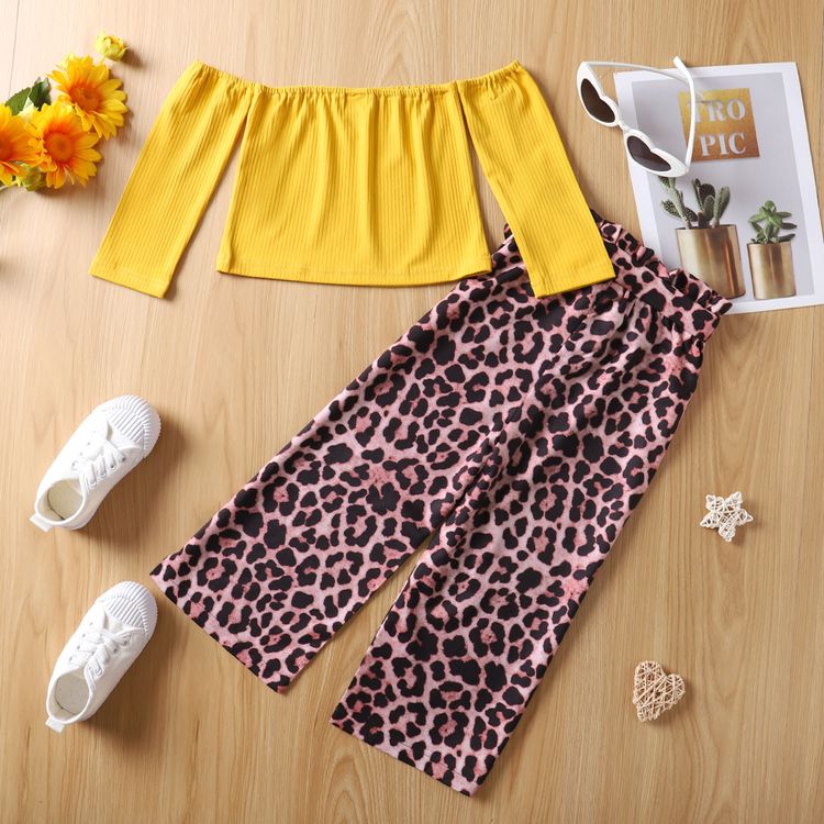 2pcs Toddler Girl Off Shoulder Long-sleeve Yellow Tee and Leopard Print Pants Set Yellow