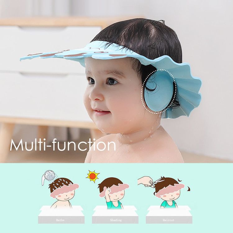 Baby Shower Caps Shampoo Cap Wash Hair Kids Bath Visor Hats Adjustable Shield Waterproof Ear Protection Eye Children Hats Infant Blue