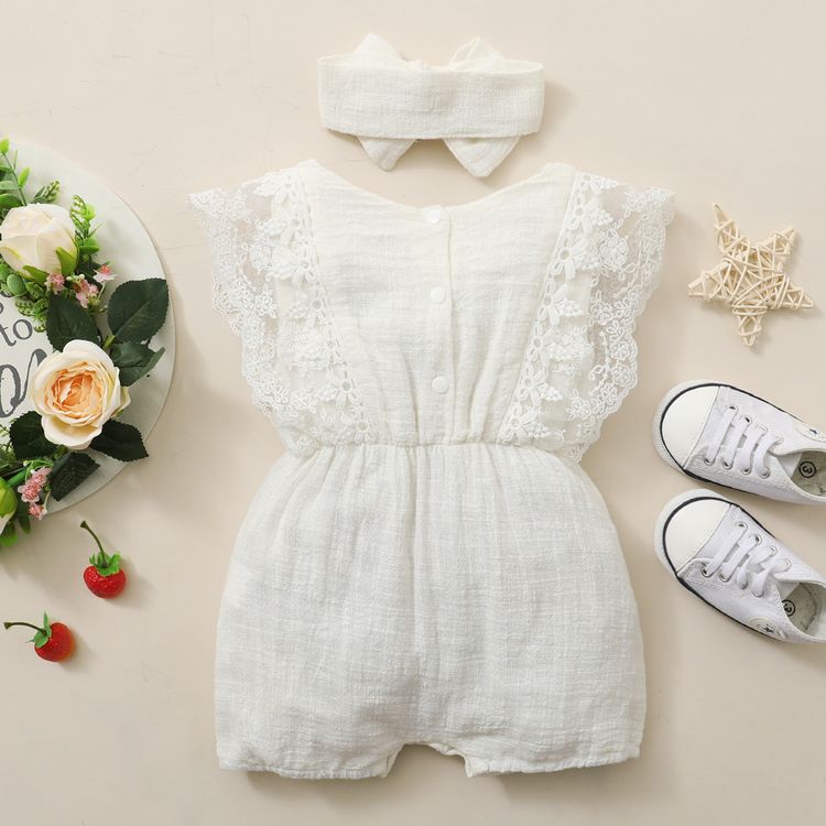 2pcs Baby Girl 95% Cotton Lace Flutter-sleeve Romper with Headband Set White