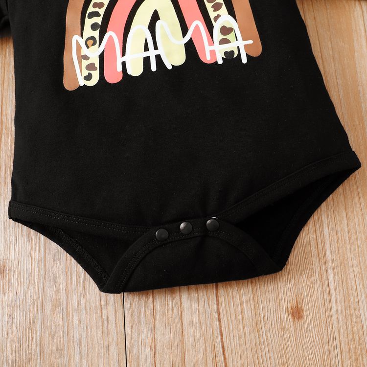 3pcs Baby Girl Rainbow Letter Print Black Ruffle Long-sleeve Romper and Leopard Bell Bottom Pants with Headband Set Black