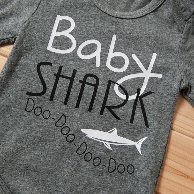 3pcs Shark and Letter Print Long-sleeve Grey Baby Set Dark Grey