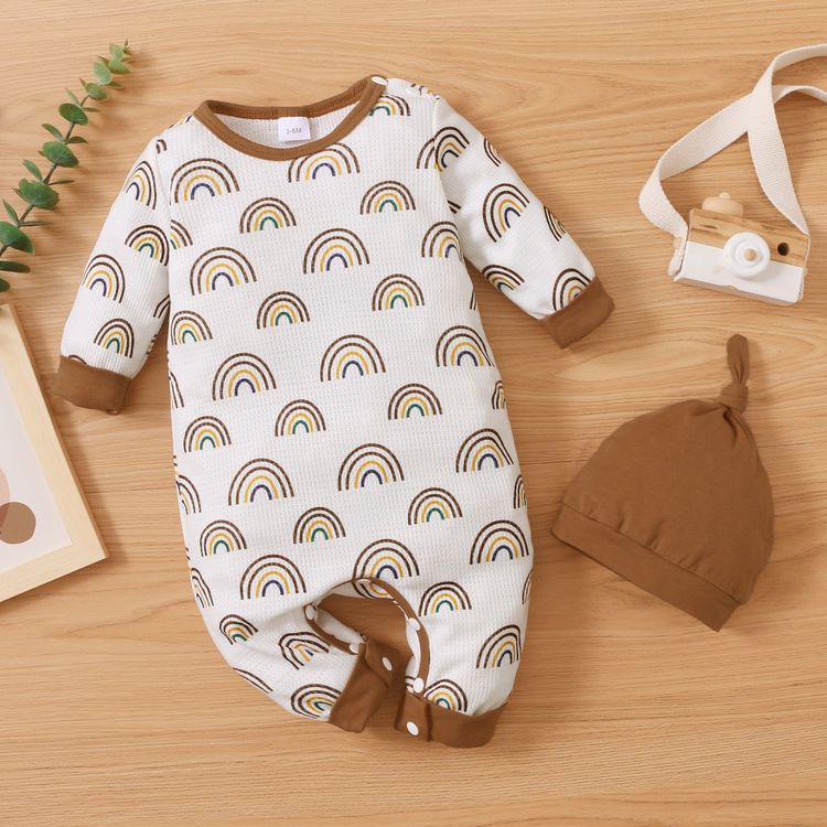 2pcs All Over Rainbow Print Baby Long-sleeve Jumpsuit Set Multi-color