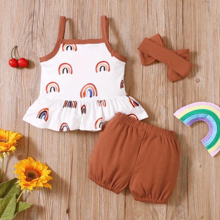 3pcs Baby Girl All Over Rainbow Print Sleeveless Spaghetti Strap Top and Shorts with Headband Set Multi-color