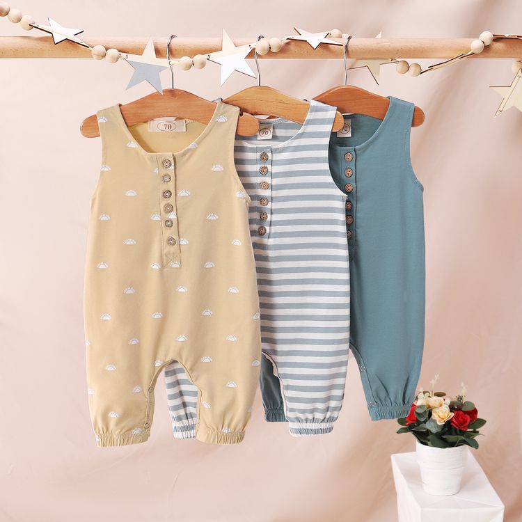 Baby Boy 95% Cotton Sleeveless Print/Striped/Solid Button Tank Jumpsuit Beige