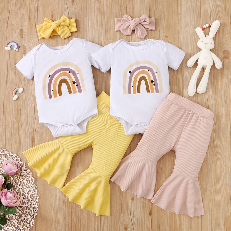 3pcs Baby Girl 95% Cotton Short-sleeve Rainbow Print Romper and Bell Bottom Pants with Headband Set Pink