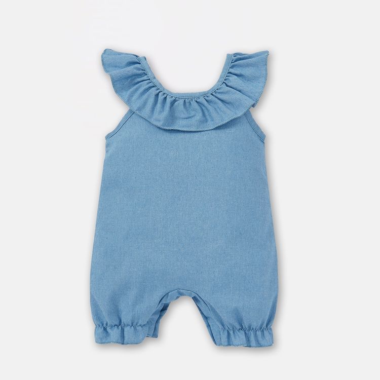Care Bears Baby Girl 100% Cotton Imitation Denim Bear and Unicorn Print Ruffled Collar Sleeveless Jumpsuit Light Blue