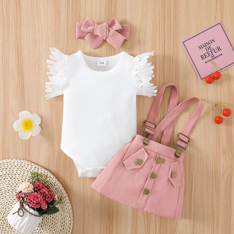 3pcs Baby Girl Lace Flutter-sleeve Ribbed Romper and Suspender Skirt with Headband Set Pink