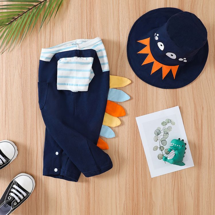 2pcs Baby Boy 95% Cotton Striped Short-sleeve Faux-two Cartoon Dinosaur Embroidered Romper with Hat Set ColorBlock