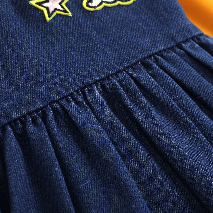 2pcs Baby Rainbow Embroidered Raglan Sleeve Denim Dress Set Yellow